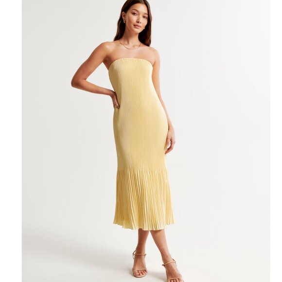 Abercrombie & Fitch Giselle Pleated Midi Dress strapless yellow Small Petite - Picture 1 of 9